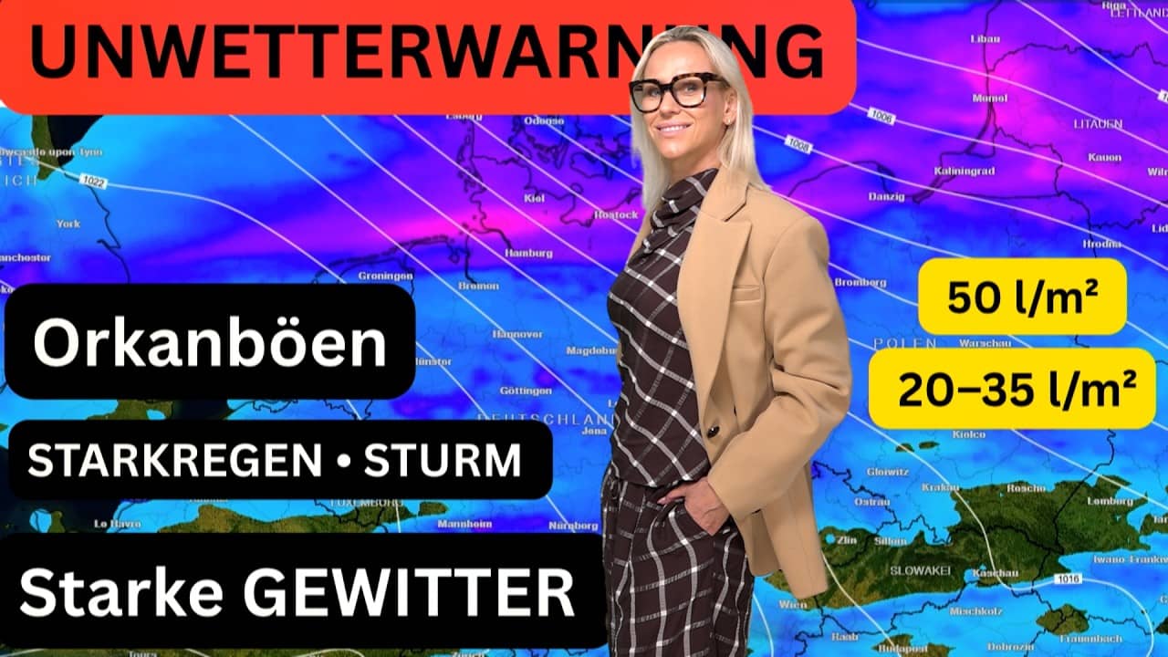 Unwetterwarnung! Starkregen, Gewitter, 50 l/m², Orkanböen  Montag 33 °C, dann kommt der Vollherbst!