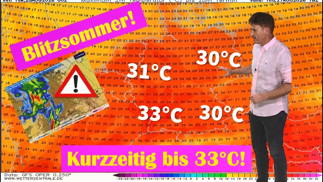 33 Grad! Heißester Tag der Woche dann Tornados, Hagel & Sturm ab Donnerstagabend!